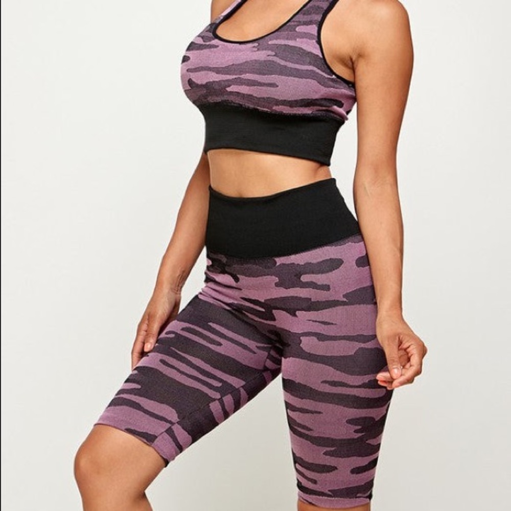 Poly Camo Active wear sport bra and biker short set